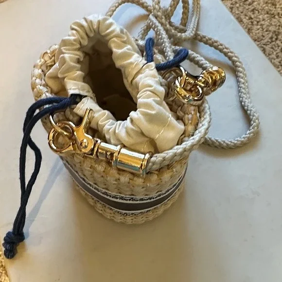 Christian Dior Wicker Bucket Bag Mini Straw Crossbody Navy Blue Natural GWP - Picture 5 of 7